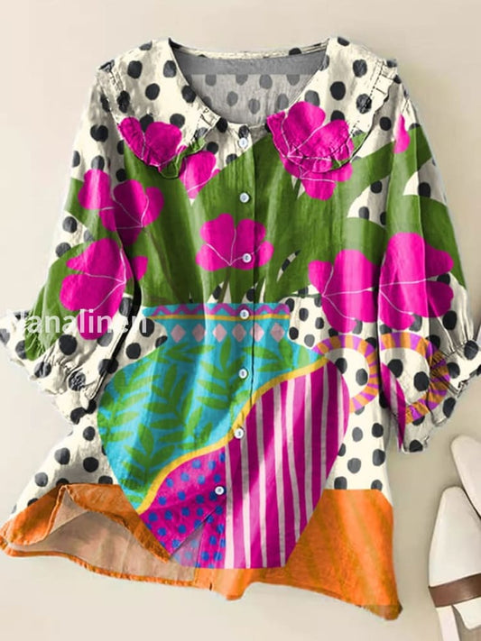 Retro Boho Floral Art Printed Vintage Ruffle Round Neck Button Short Sleeve Shirt A / S