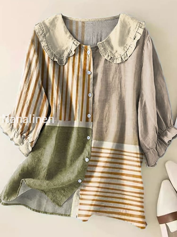 Retro Boho Floral Art Printed Vintage Ruffle Round Neck Button Short Sleeve Shirt A / S
