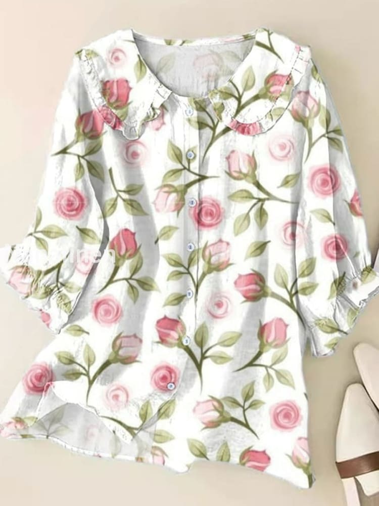 Retro Boho Floral Art Printed Vintage Ruffle Round Neck Button Short Sleeve Shirt A / S