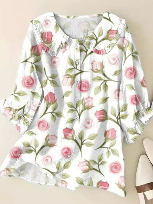 Retro Boho Floral Art Printed Vintage Ruffle Round Neck Button Short Sleeve Shirt A / S