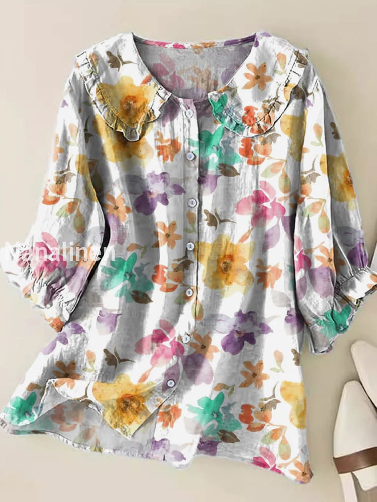 Retro Boho Floral Art Printed Vintage Ruffle Round Neck Button Short Sleeve Shirt A / S
