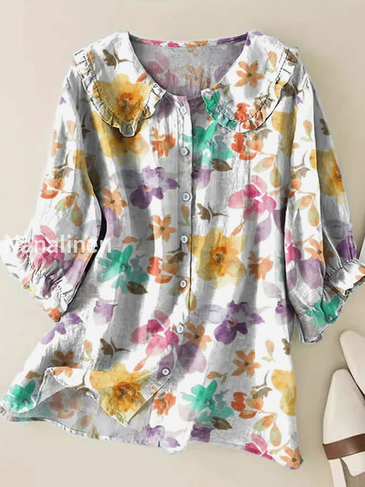 Retro Boho Floral Art Printed Vintage Ruffle Round Neck Button Short Sleeve Shirt A / S