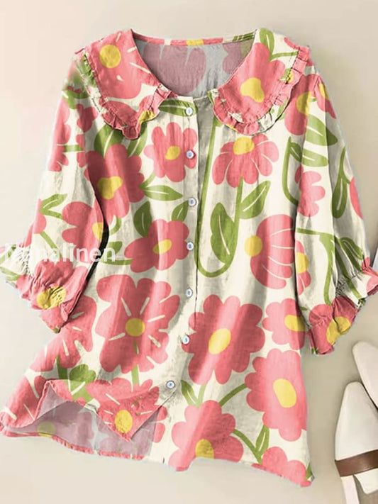 Retro Boho Floral Art Printed Vintage Ruffle Round Neck Button Short Sleeve Shirt A / S