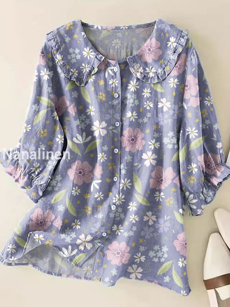 Retro Boho Floral Art Printed Vintage Ruffle Round Neck Button Short Sleeve Shirt A / S