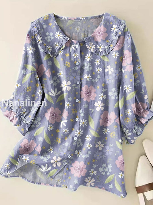 Retro Boho Floral Art Printed Vintage Ruffle Round Neck Button Short Sleeve Shirt A / S