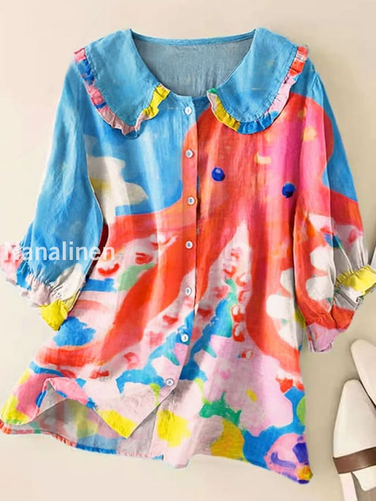 Retro Boho Floral Art Printed Vintage Ruffle Round Neck Button Short Sleeve Shirt A / S