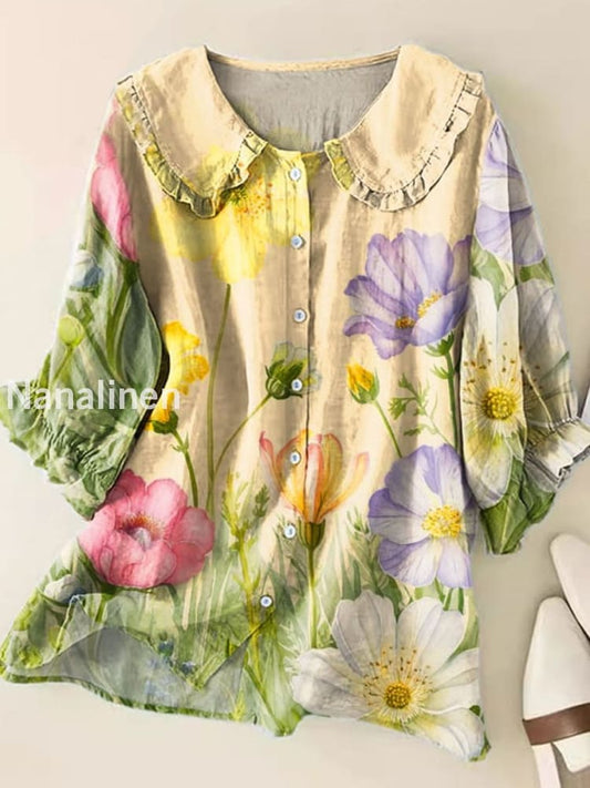 Retro Boho Floral Art Printed Vintage Ruffle Round Neck Button Short Sleeve Shirt A / S