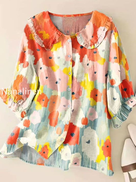 Retro Boho Floral Art Printed Vintage Ruffle Round Neck Button Short Sleeve Shirt A / S