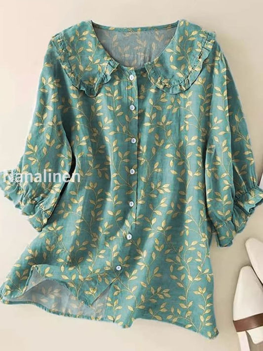 Retro Boho Floral Art Printed Vintage Ruffle Round Neck Button Short Sleeve Shirt A / S