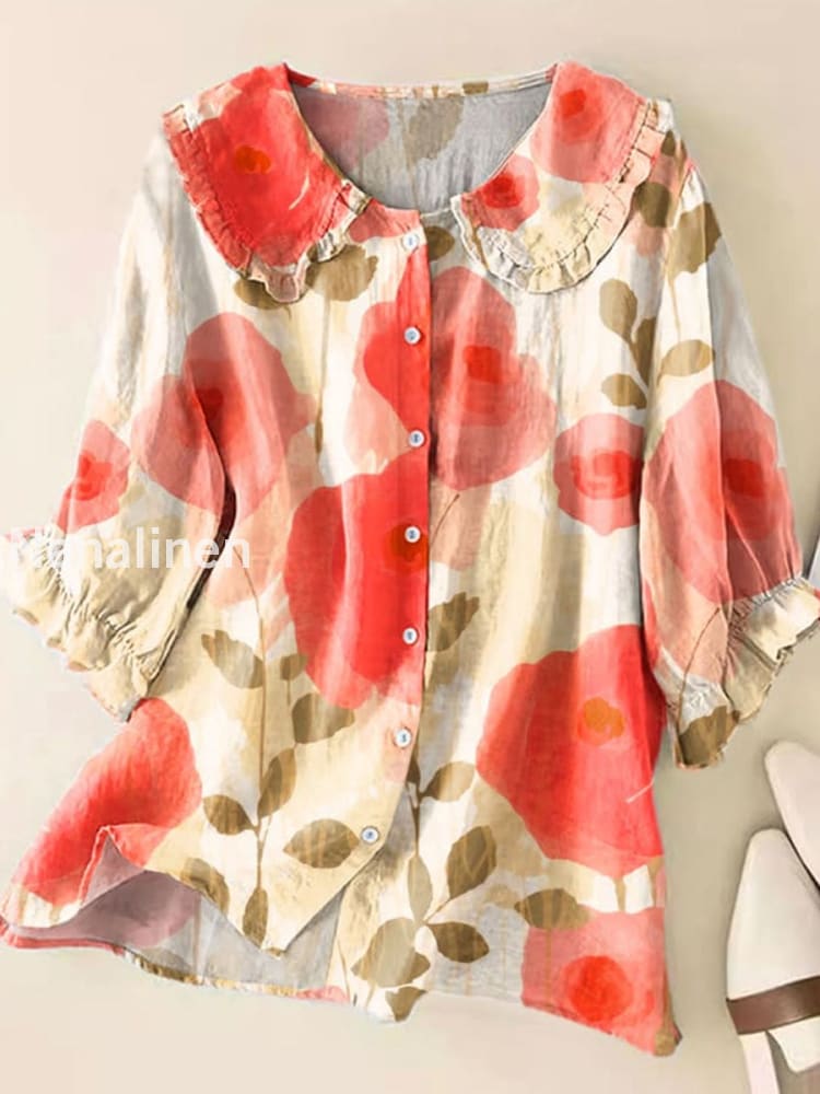 Retro Boho Floral Art Printed Vintage Ruffle Round Neck Button Short Sleeve Shirt A / S