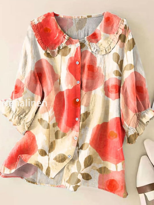 Retro Boho Floral Art Printed Vintage Ruffle Round Neck Button Short Sleeve Shirt A / S