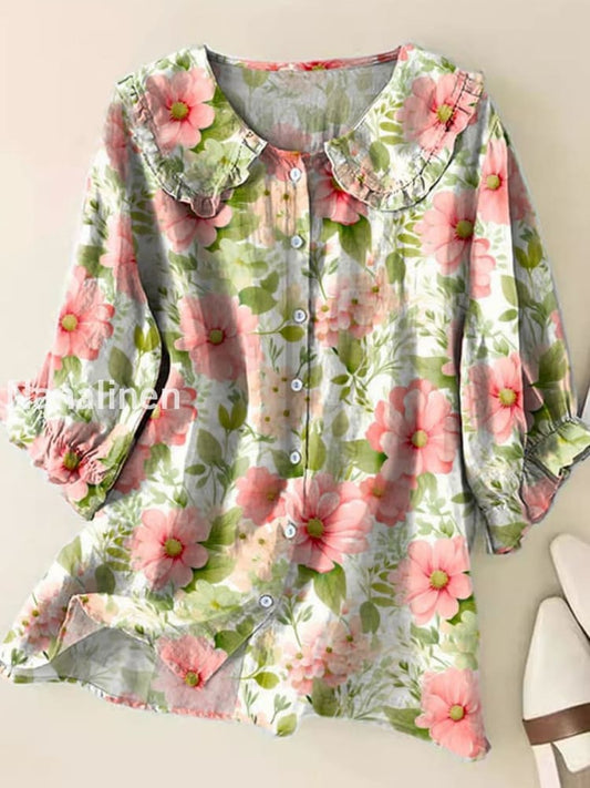 Retro Boho Floral Art Printed Vintage Ruffle Round Neck Button Short Sleeve Shirt A / S