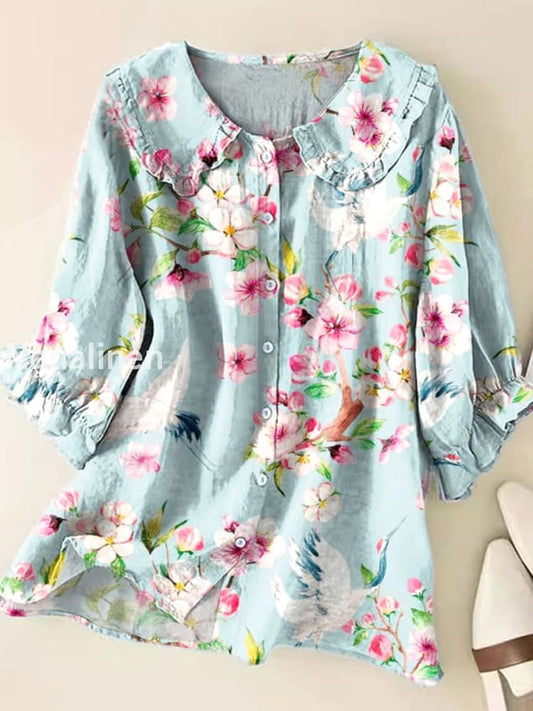 Retro Boho Floral Art Printed Vintage Ruffle Round Neck Button Short Sleeve Shirt A / S