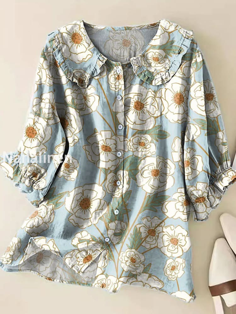 Retro Boho Floral Art Printed Vintage Ruffle Round Neck Button Short Sleeve Shirt A / S
