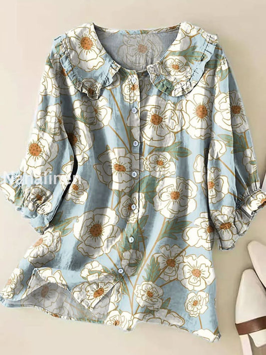 Retro Boho Floral Art Printed Vintage Ruffle Round Neck Button Short Sleeve Shirt A / S