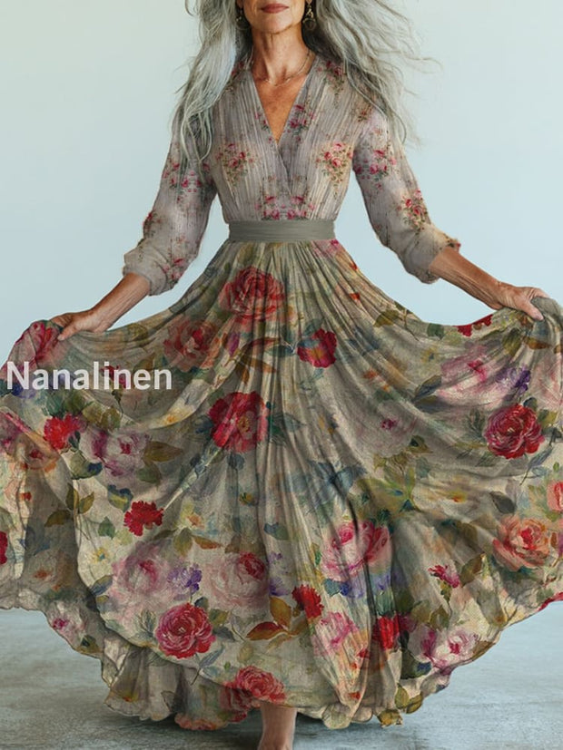 Retro Boho Floral Art Printed Vintage V-Neck Long Sleeves Midi Dress A / S