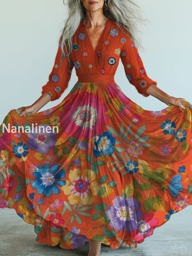 Retro Boho Floral Art Printed Vintage V-Neck Long Sleeves Midi Dress A / S