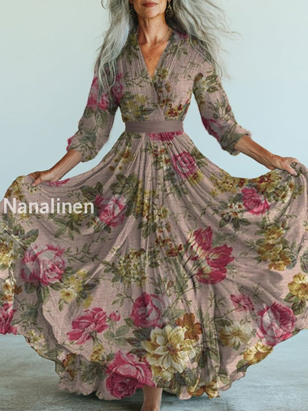 Retro Boho Floral Art Printed Vintage V-Neck Long Sleeves Midi Dress A / S