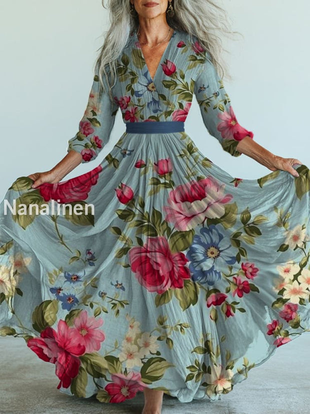 Retro Boho Floral Art Printed Vintage V-Neck Long Sleeves Midi Dress A / S