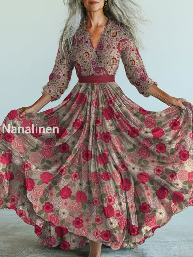 Retro Boho Floral Art Printed Vintage V-Neck Long Sleeves Midi Dress A / S