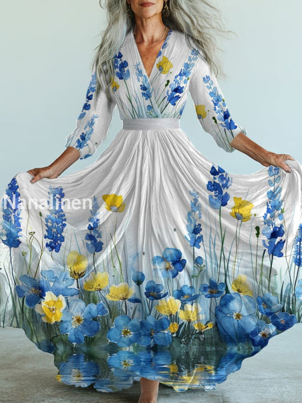 Retro Boho Floral Art Printed Vintage V-Neck Long Sleeves Midi Dress A / S