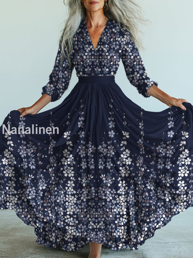 Retro Boho Floral Art Printed Vintage V-Neck Long Sleeves Midi Dress A / S