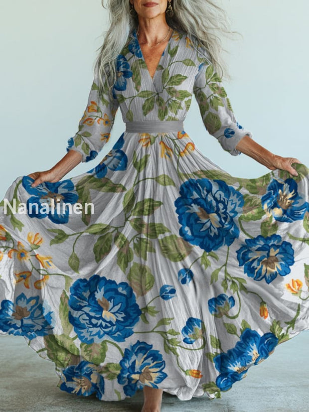 Retro Boho Floral Art Printed Vintage V-Neck Long Sleeves Midi Dress A / S