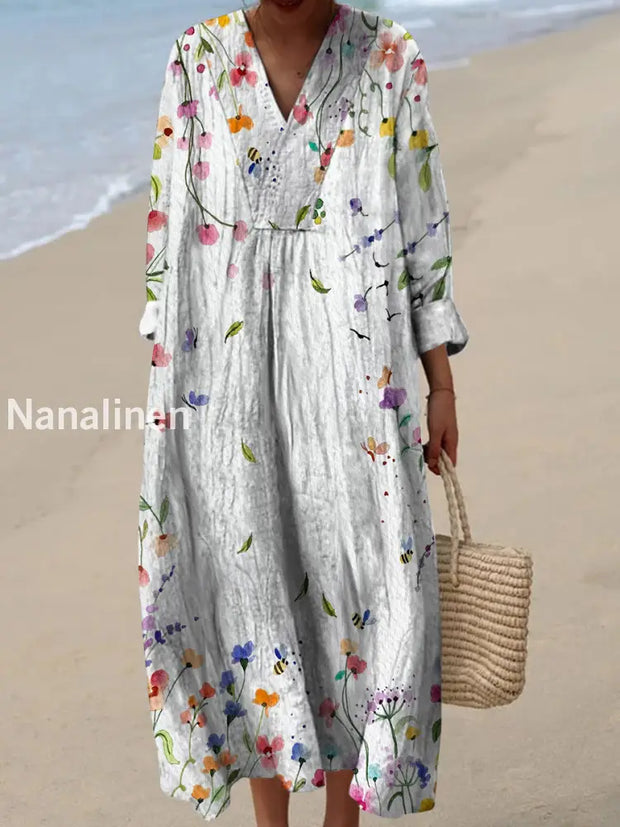 Retro Boho Floral Art Printed Wide Edge V-Neck Vintage Loose Long Sleeves Midi Dress A / S