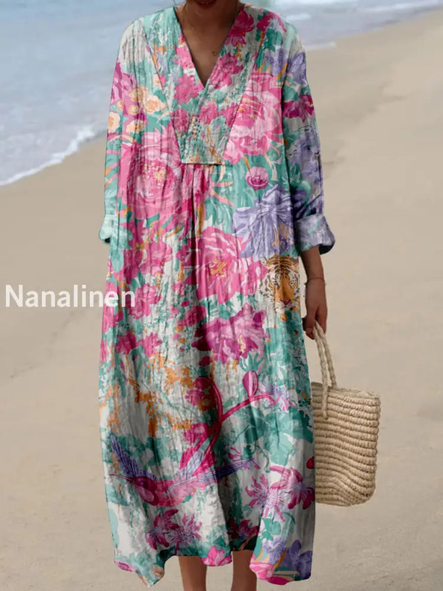 Retro Boho Floral Art Printed Wide Edge V-Neck Vintage Loose Long Sleeves Midi Dress A / S