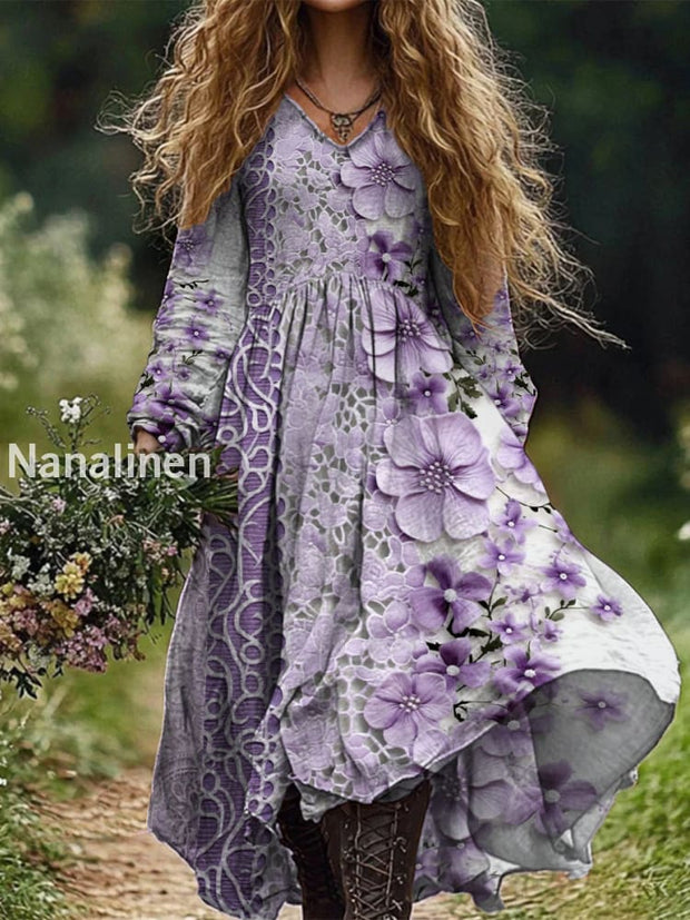 Retro Boho Floral Botany Print Vintage Chic V-Neck Cotton Long Sleeve Midi Dress A / S