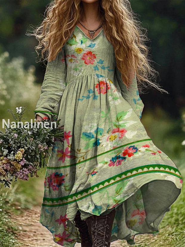 Retro Boho Floral Botany Print Vintage Chic V-Neck Cotton Long Sleeve Midi Dress A / S
