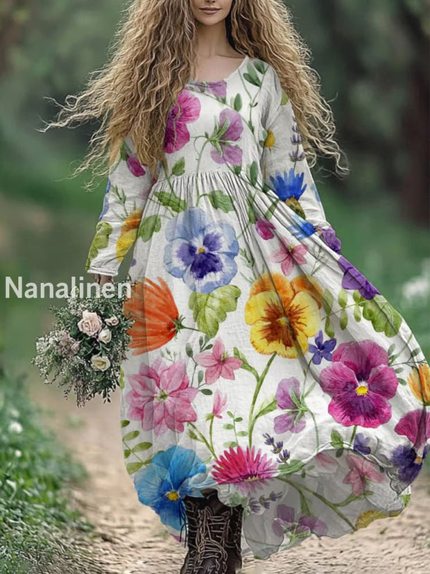 Retro Boho Floral Botany Print Vintage Chic V-Neck Cotton Long Sleeve Midi Dress A / S