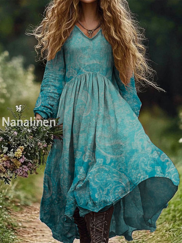 Retro Boho Floral Botany Print Vintage Chic V-Neck Cotton Long Sleeve Midi Dress A / S