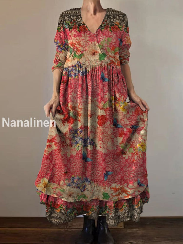 Retro Boho Floral Botany Print Vintage V-Neck Double Hemline Cotton Long Sleeve Midi Dress A / S