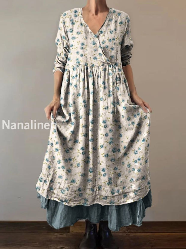 Retro Boho Floral Botany Print Vintage V-Neck Double Hemline Cotton Long Sleeve Midi Dress A / S