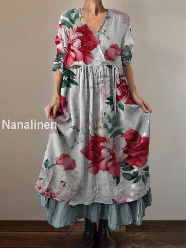Retro Boho Floral Botany Print Vintage V-Neck Double Hemline Cotton Long Sleeve Midi Dress A / S