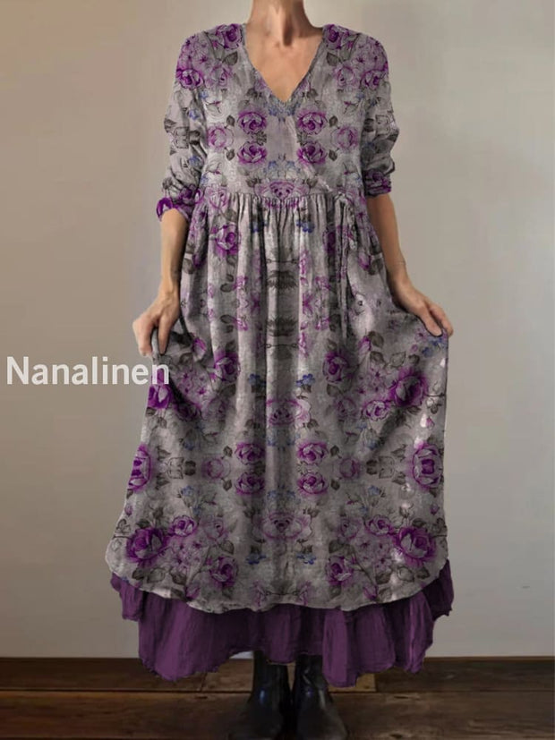 Retro Boho Floral Botany Print Vintage V-Neck Double Hemline Cotton Long Sleeve Midi Dress A / S