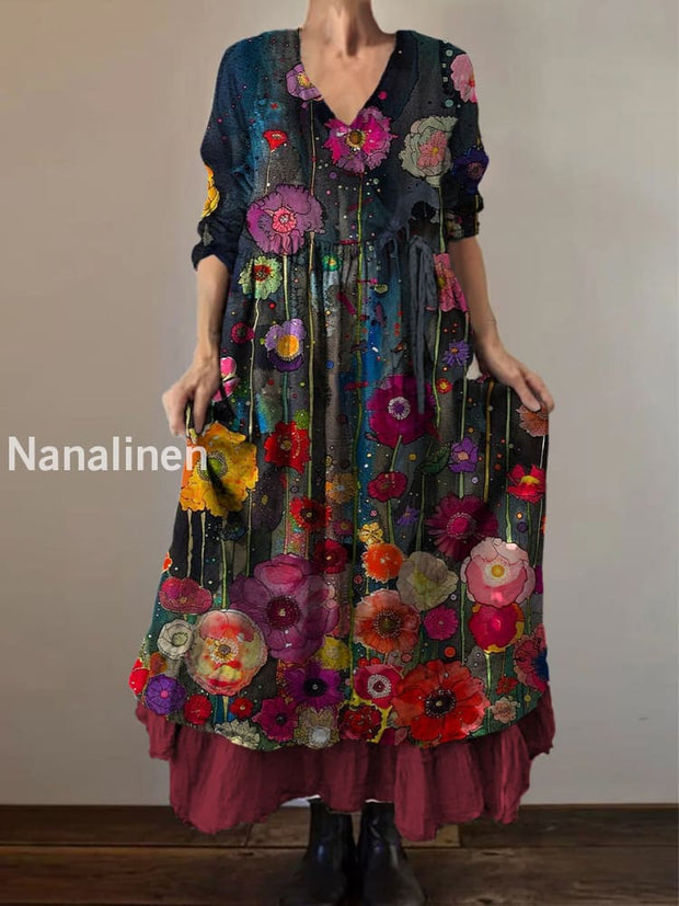 Retro Boho Floral Botany Print Vintage V-Neck Double Hemline Cotton Long Sleeve Midi Dress A / S