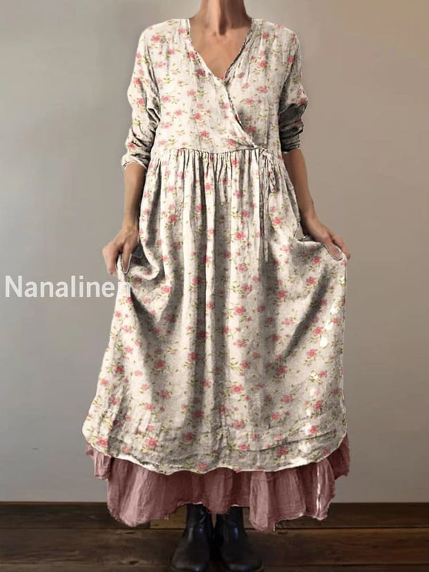 Retro Boho Floral Botany Print Vintage V-Neck Double Hemline Cotton Long Sleeve Midi Dress A / S