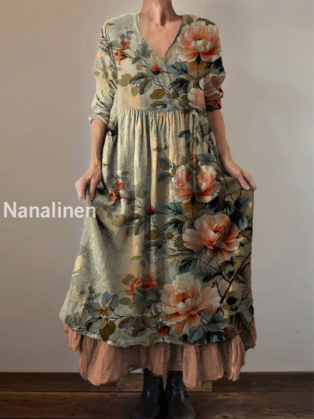 Retro Boho Floral Botany Print Vintage V-Neck Double Hemline Cotton Long Sleeve Midi Dress A / S