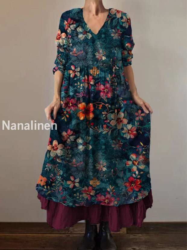 Retro Boho Floral Botany Print Vintage V-Neck Double Hemline Cotton Long Sleeve Midi Dress A / S