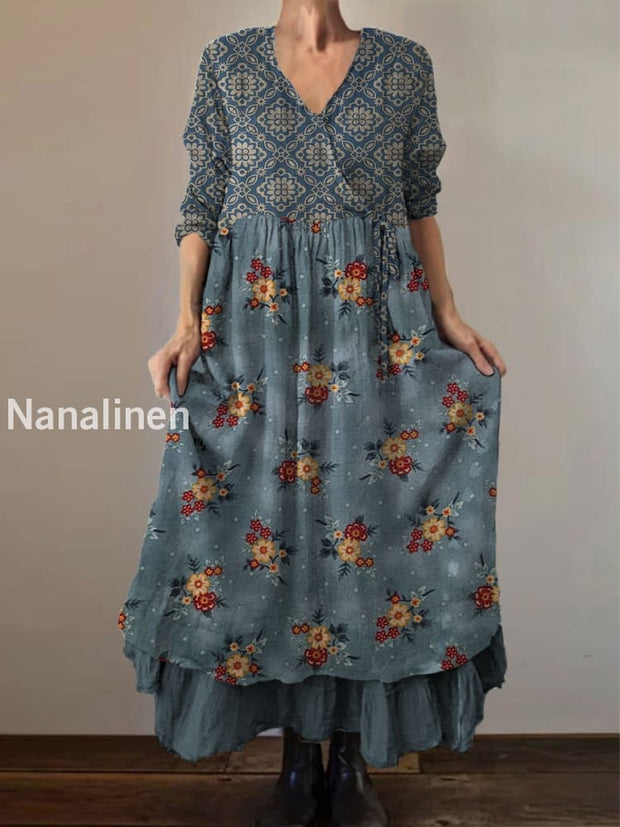 Retro Boho Floral Botany Print Vintage V-Neck Double Hemline Cotton Long Sleeve Midi Dress A / S