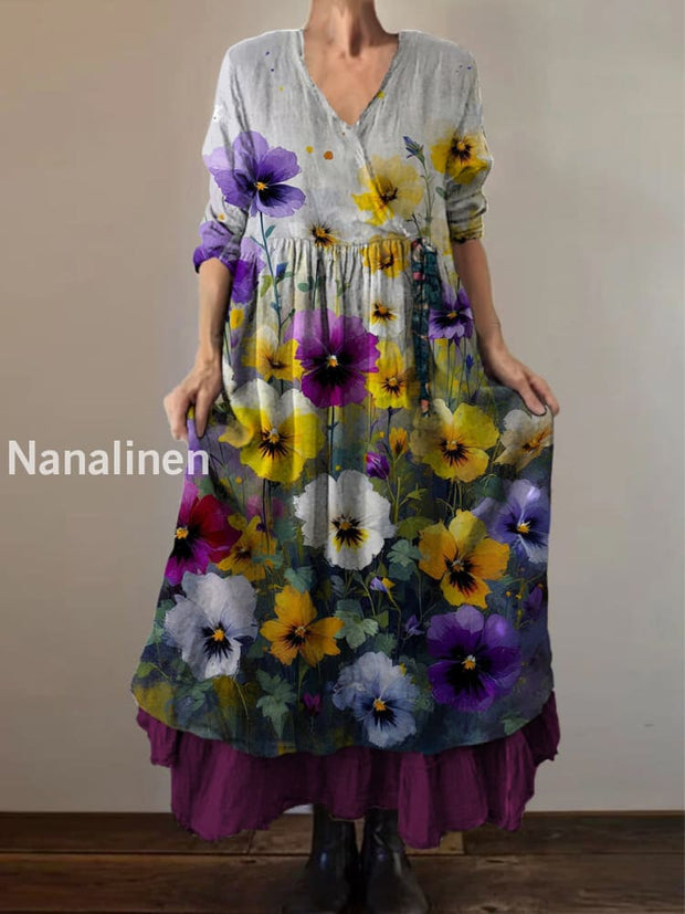 Retro Boho Floral Botany Print Vintage V-Neck Double Hemline Cotton Long Sleeve Midi Dress A / S