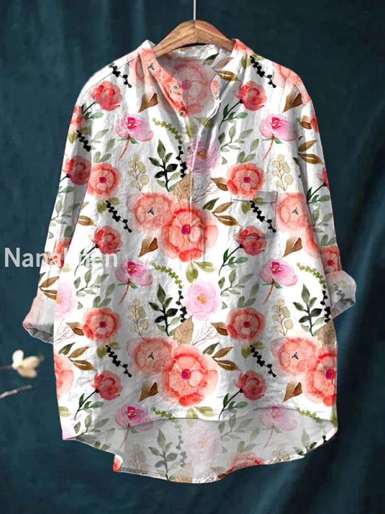 Retro Boho Floral Print Casual Long Sleeve Comfortable Cotton Shirt A / S