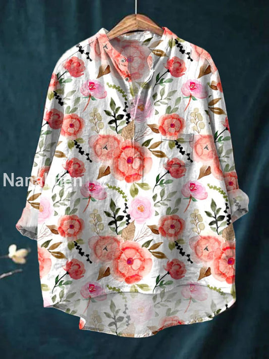 Retro Boho Floral Print Casual Long Sleeve Comfortable Cotton Shirt A / S