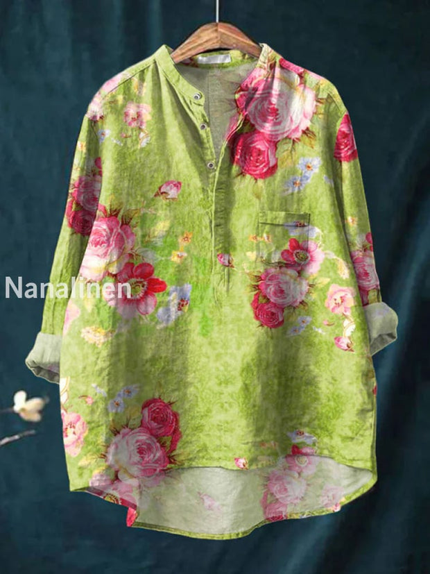 Retro Boho Floral Print Casual Long Sleeve Comfortable Cotton Shirt A / S