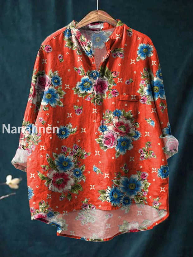 Retro Boho Floral Print Casual Long Sleeve Comfortable Cotton Shirt A / S