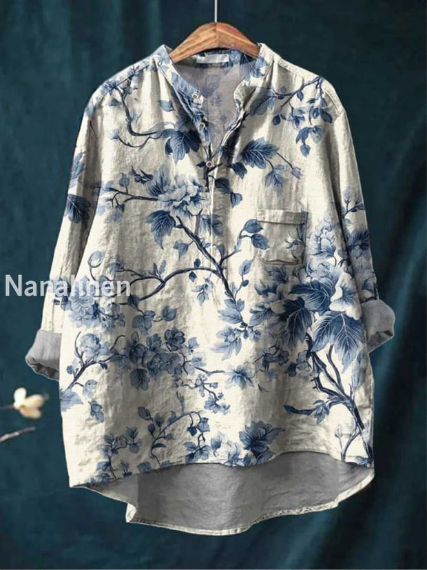 Retro Boho Floral Print Casual Long Sleeve Comfortable Cotton Shirt A / S