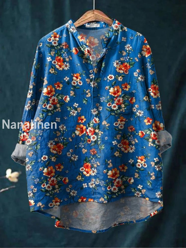 Retro Boho Floral Print Casual Long Sleeve Comfortable Cotton Shirt A / S