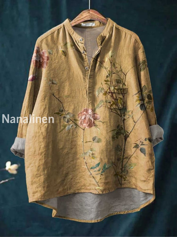 Retro Boho Floral Print Casual Long Sleeve Comfortable Cotton Shirt A / S